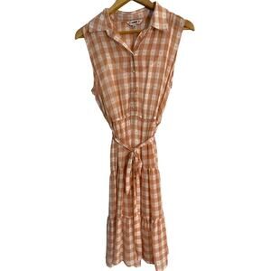 Nanette Lepore tiered midi dress women's 8 peach white gingham peasant cottage